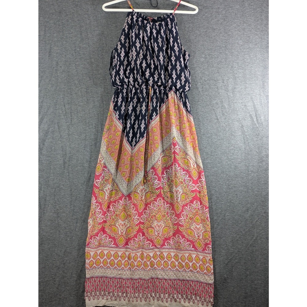 Sweet Storm Womens Navy Pink Geometric Medallion Halter Maxi Dress Large L‎